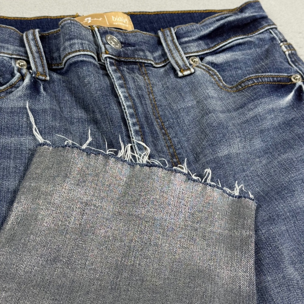 7 For All Mankind High Rise Straight Leg Jeans Blue Metallic Silver Foil Hem